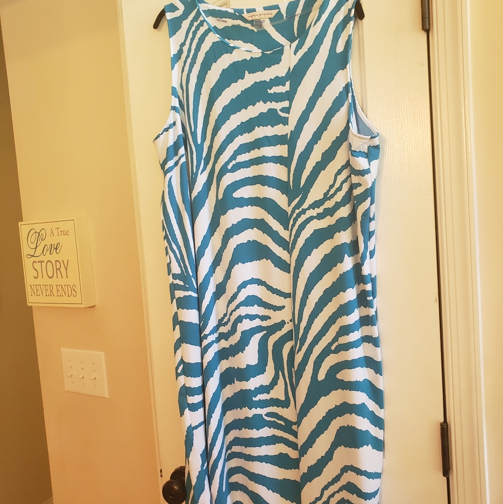 Sleeveless teal white zebra dress